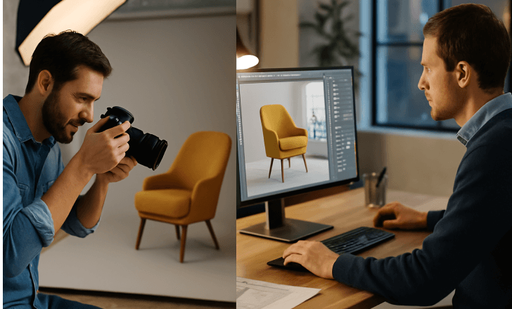Side-by-side comparison of a photographer capturing a real chair and a designer rendering the same chair digitally, showing both methods in action.