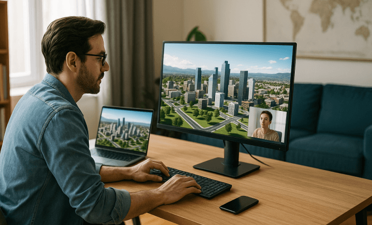Urban planner working on 3D city project in home office with computer and laptop