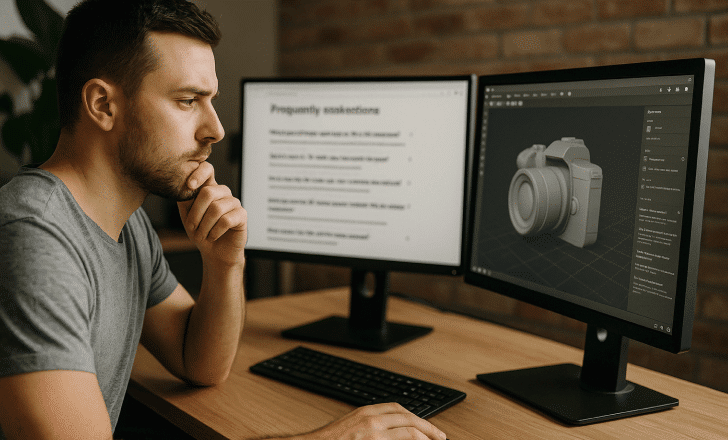 User reading FAQ section while working on a 3D model on dual monitors