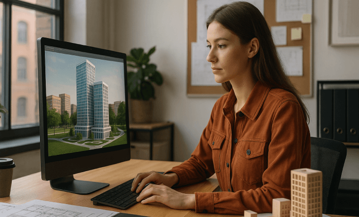 Young architect analyzing a 3D urban development model on a desktop computer