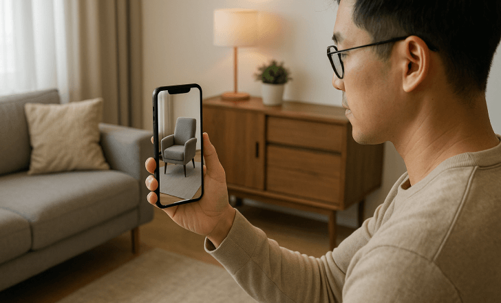 Young man using augmented reality to visualize a virtual armchair in his living room with a smartphone.
