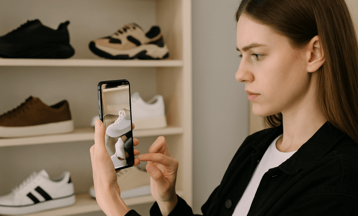 Young woman using augmented reality on her smartphone to try on white sneakers in front of a shoe display.
