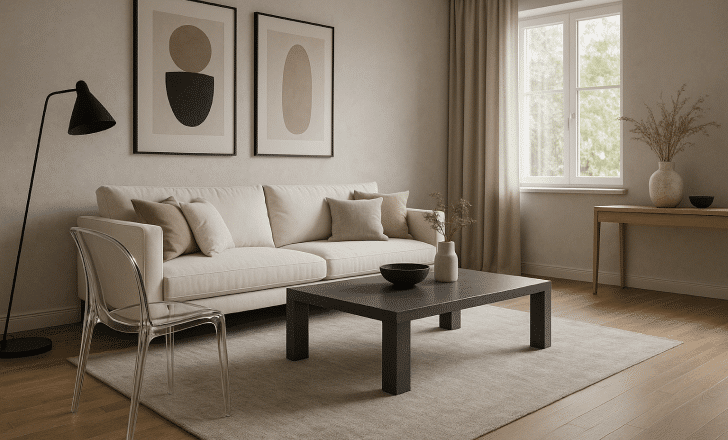 A modern living room with a beige sofa, black coffee table, transparent chair, abstract wall art, and large window with neutral curtains letting in natural light.