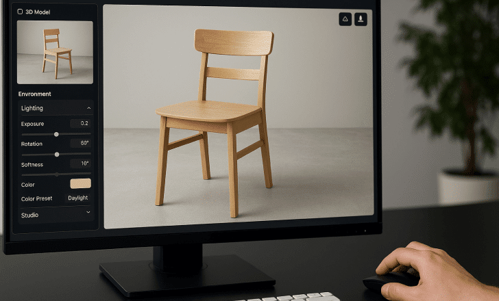 Computer monitor displaying a 3D model of a wooden chair with lighting adjustment controls, viewed by a person using a mouse.
