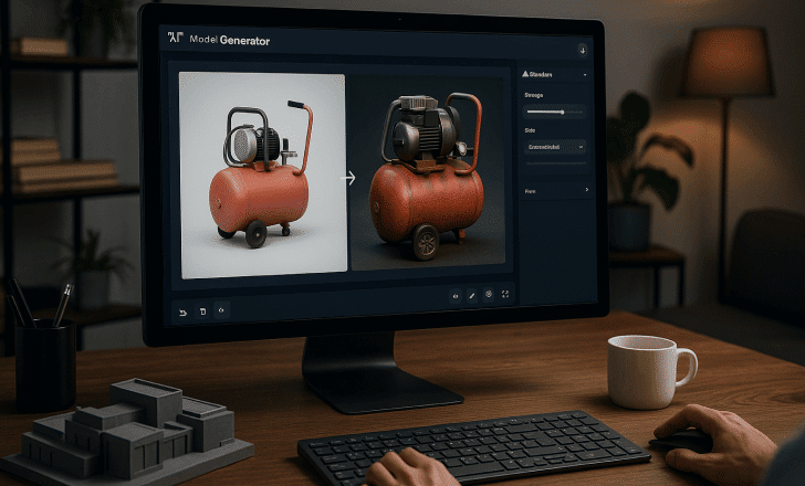 Designer transforming a 2D sketch into a 3D model using AI software on a desktop computer.
