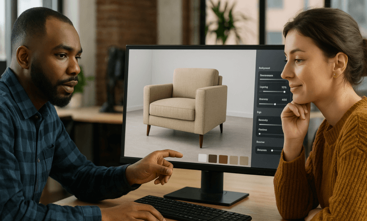 Two colleagues in a modern office reviewing a 3D model of a beige armchair on a computer screen.