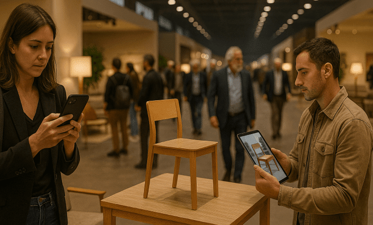 Silla de madera presentada físicamente y en RA en Hábitat Valencia.