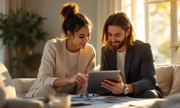 Designer showing client a 3D visualization of a modern interior space.
