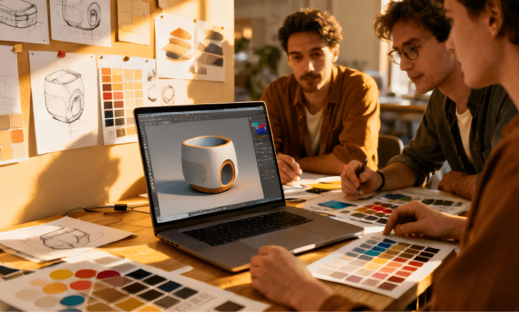 Designers reviewing a 3D model created from an image on a laptop.