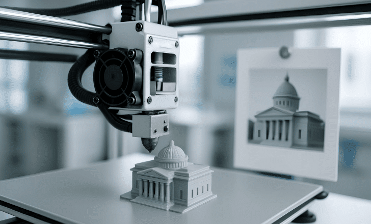 3D printer creating a model based on a flat image reference.