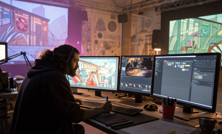 Artist exploring creative ideas with AI-generated 3D designs