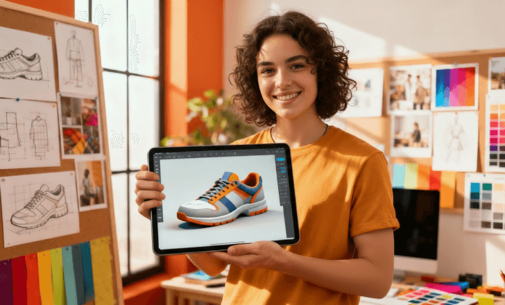 Designer smiling while viewing a 3D model on a tablet created from a 2D image