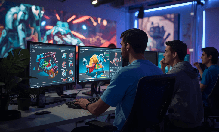 Game developers using AI-generated 3D models in a creative studio