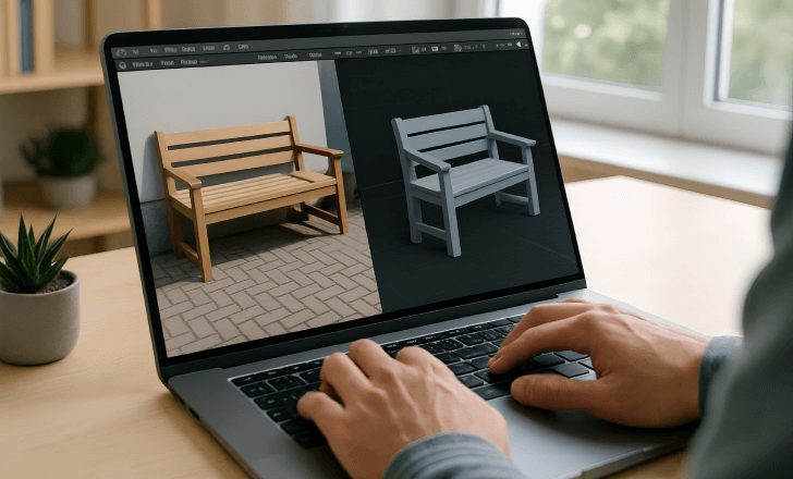 Laptop showing a 2D photo being converted into a 3D model by software.