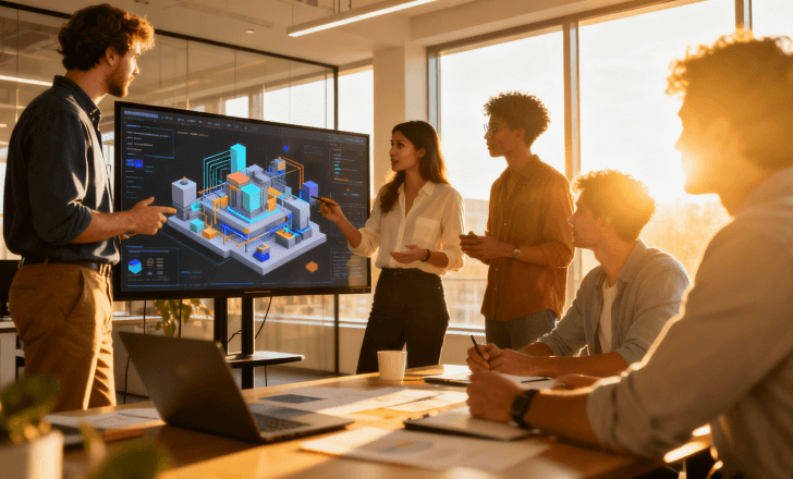 Team collaborating on a 3D scene in real time.