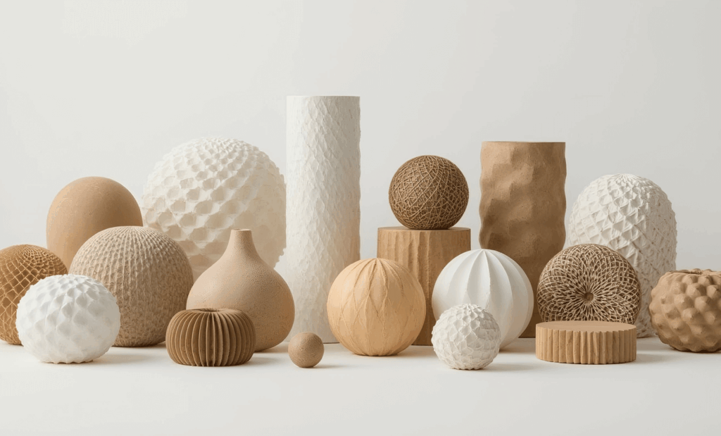 3D printed objects made with different materials and finishes