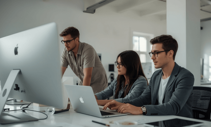 Design team collaborating on 3D models using computers