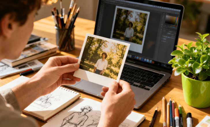 Person comparing a printed reference photo with a digital variation.