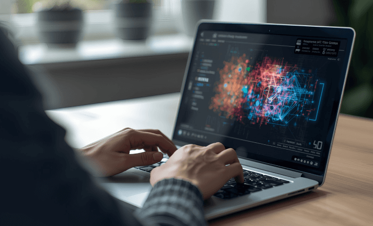 Person using a laptop with an AI generation interface.