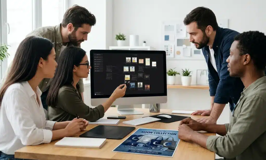 Creative team reviewing a 3D visual on a desktop screen with the final printed result displayed on the desk