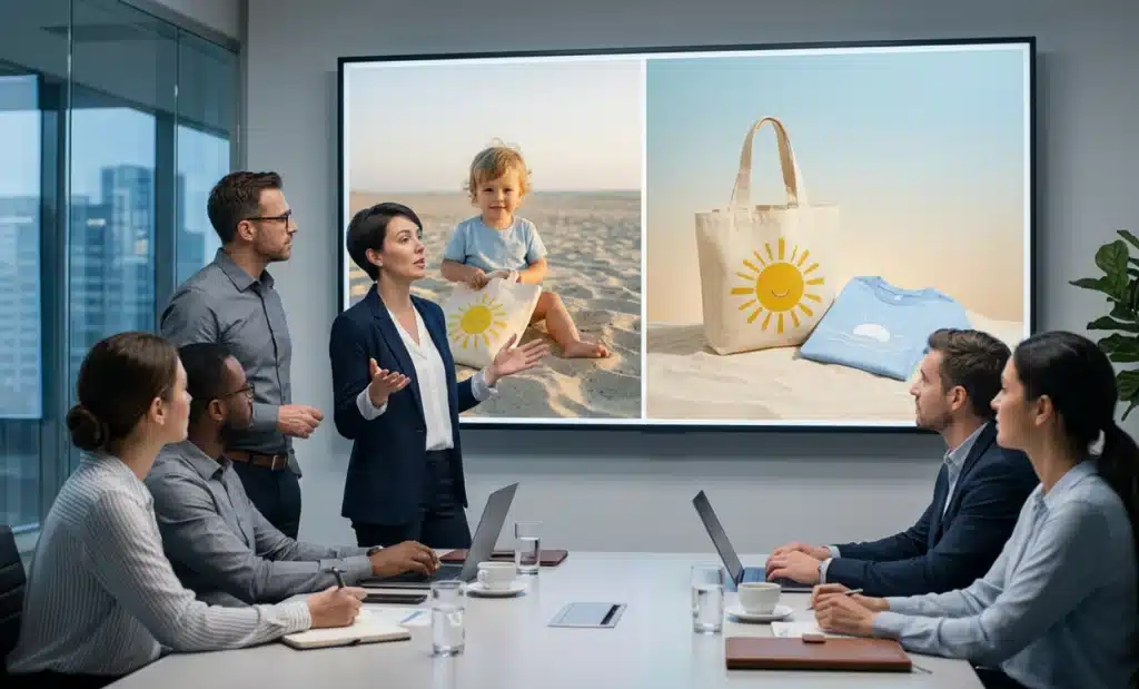 Marketing team reviewing multiple product visual variations